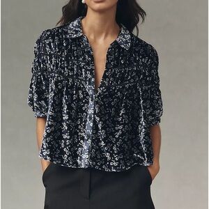 Anthropologie The Leandra Velvet Shirred Yoke Blouse by Maeve